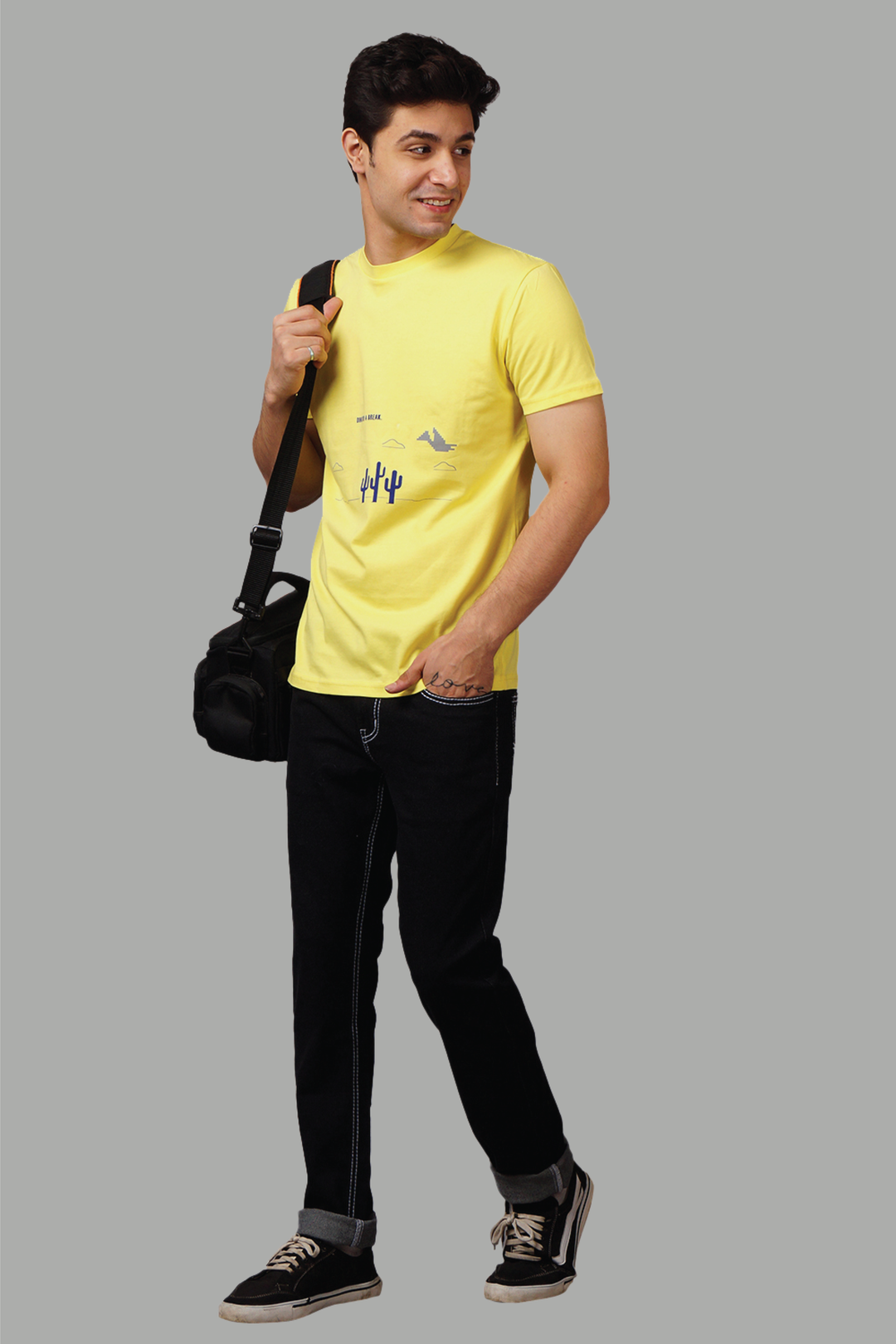 Regular Fit Yellow Dino On Break Printed Round Neck Men's T-Shirt - Peplos Jeans 