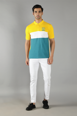 Men's Polo Neck Turquoise Striped Cotton T-shirt