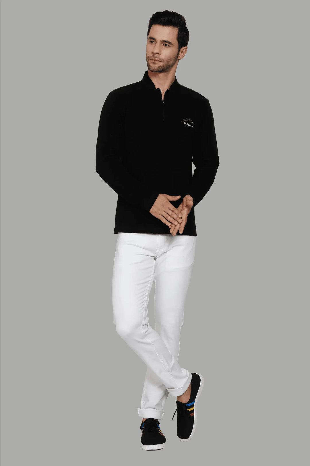 Men's Polo Neck Full Sleeve Black T-Shirt with zip closer - Peplos Jeans 