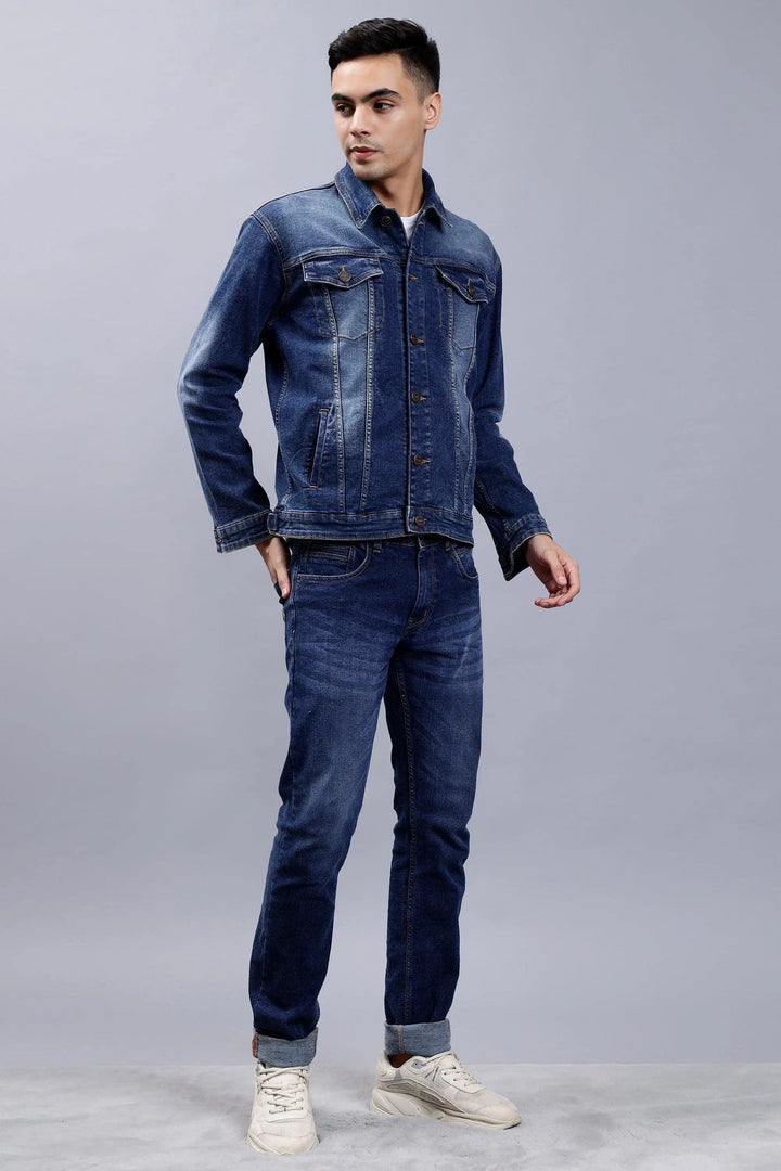 Angled view of Blue Denim Jacket & Jeans Co-ord Set for Men - Peplos Jeans 