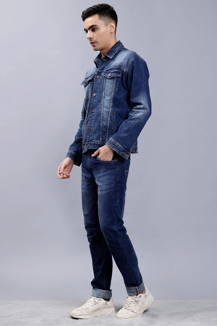 Side view of Blue Denim Jacket & Jeans Set for Men - Peplos Jeans 