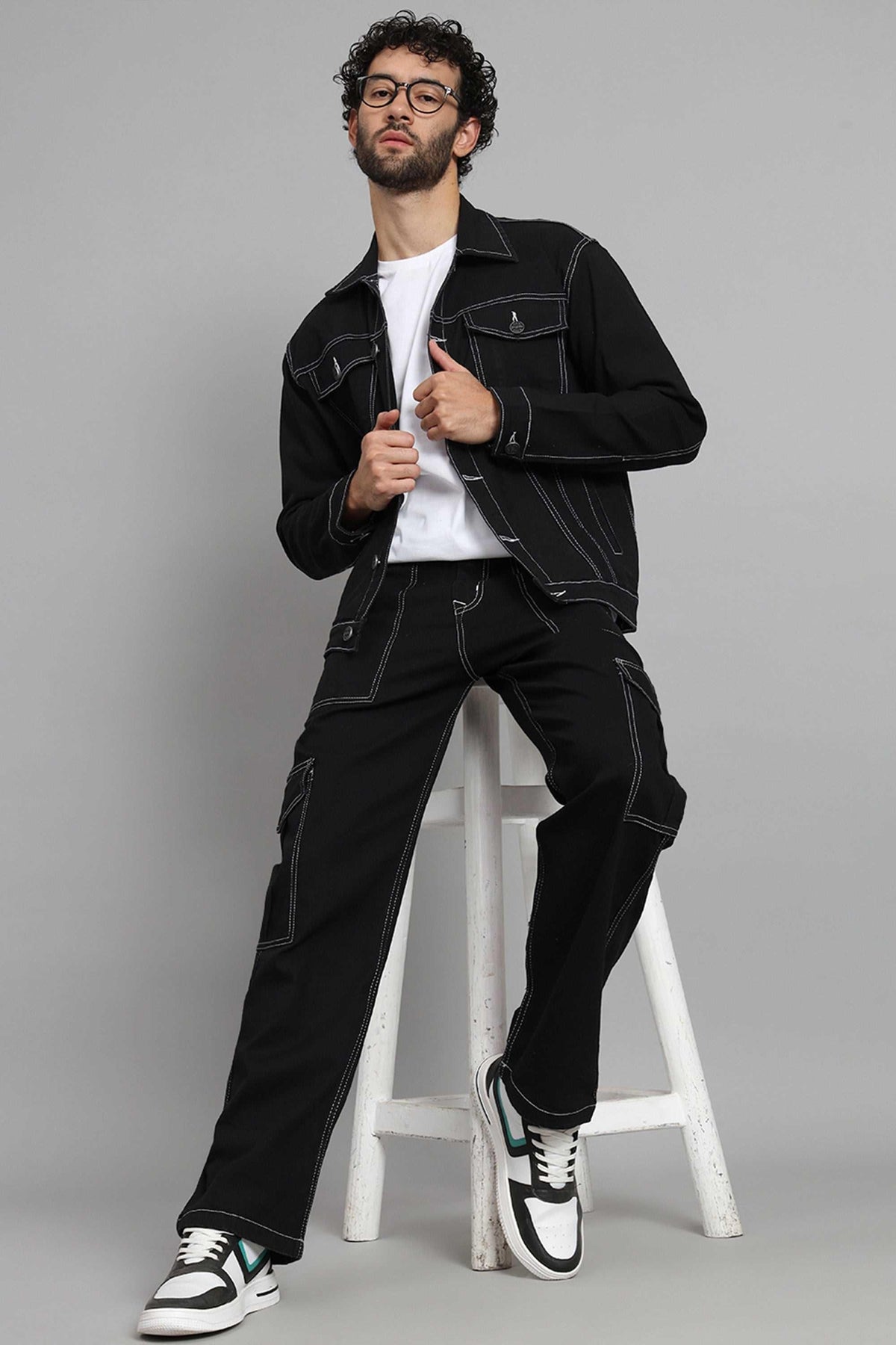Regular Fit Black Denim Cargo Jacket Co-ord Set for Men