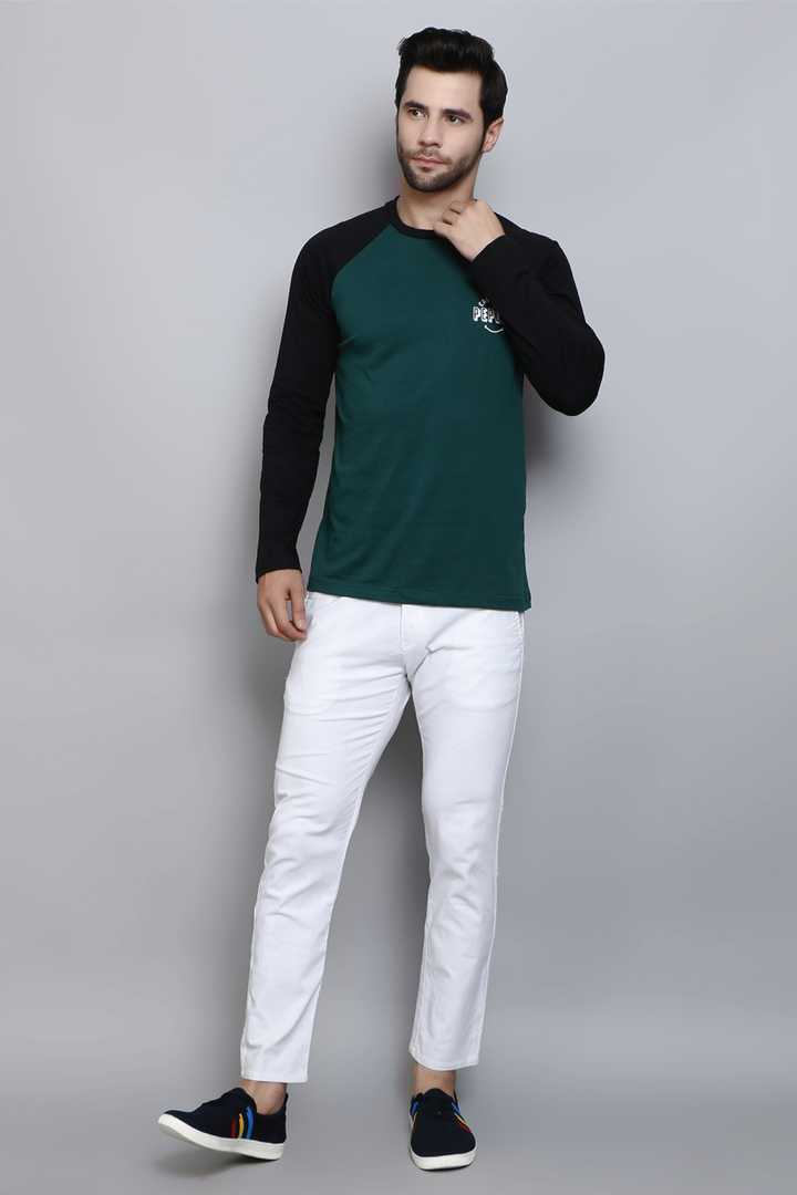 Full Sleeve Regular Fit Raglan Green Balck T-Shirt for Men - Peplos Jeans 