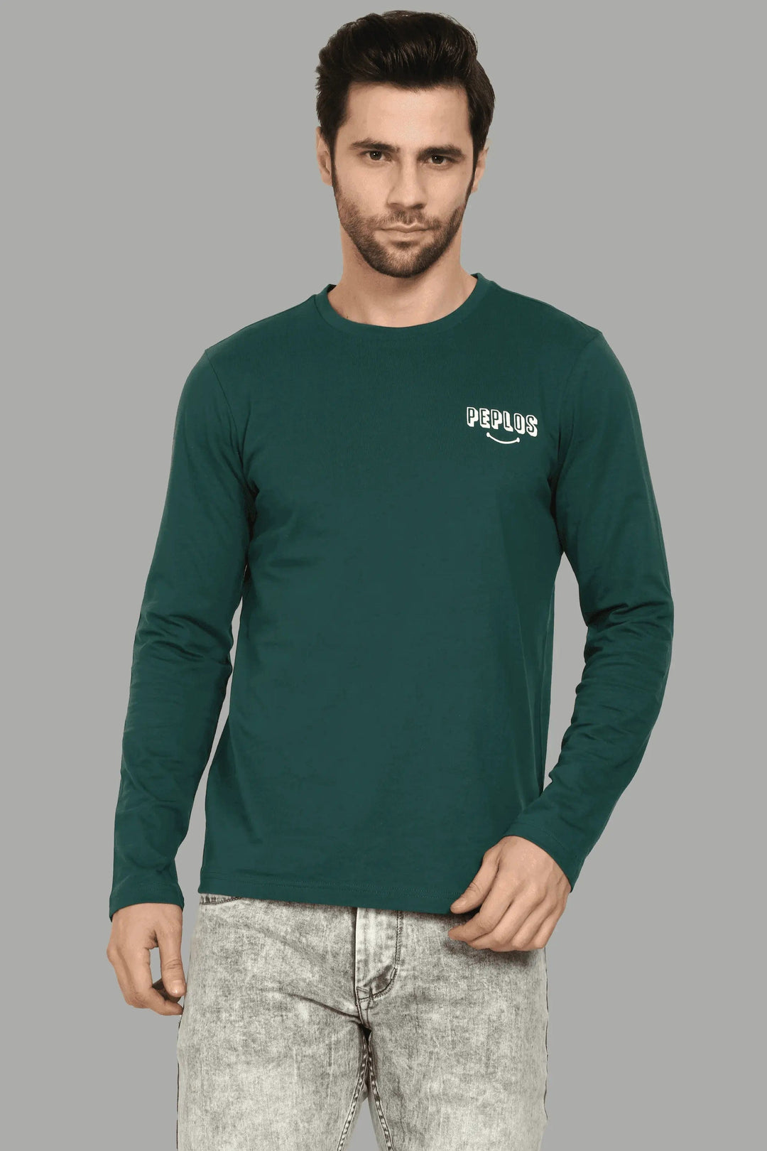 Full Sleeve Green Round Neck T-Shirt For Men - Peplos Jeans 