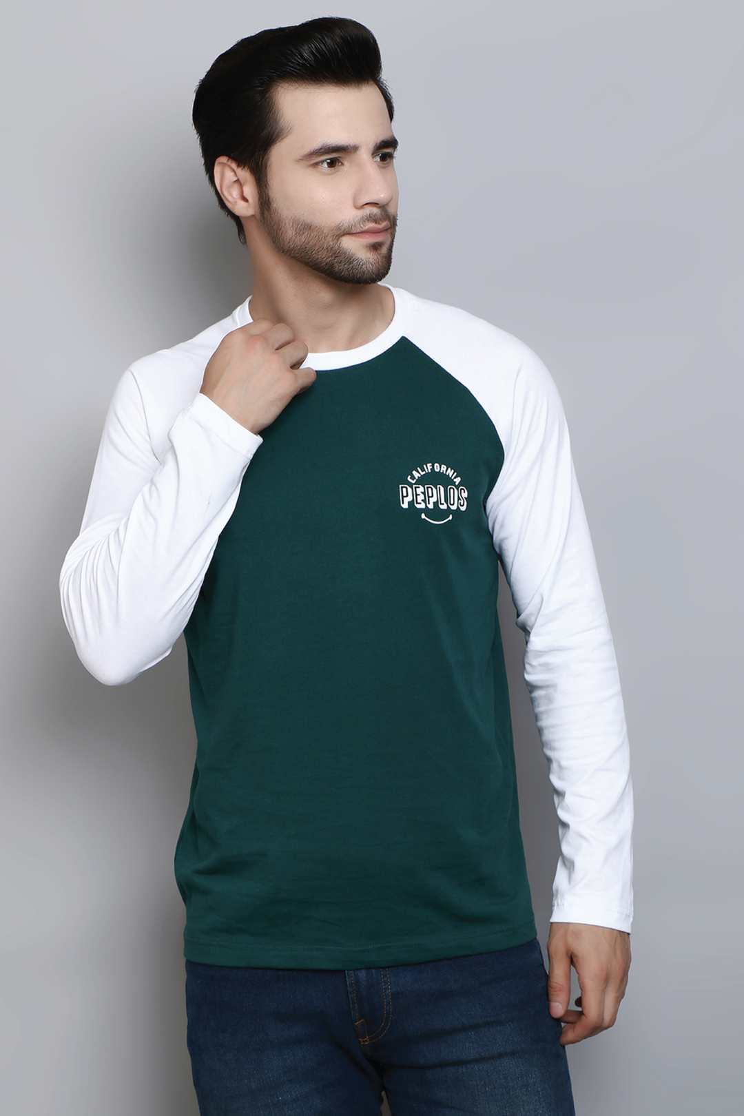 Full Sleeve Regular Fit Raglan Green White T-Shirt for Men - Peplos Jeans 