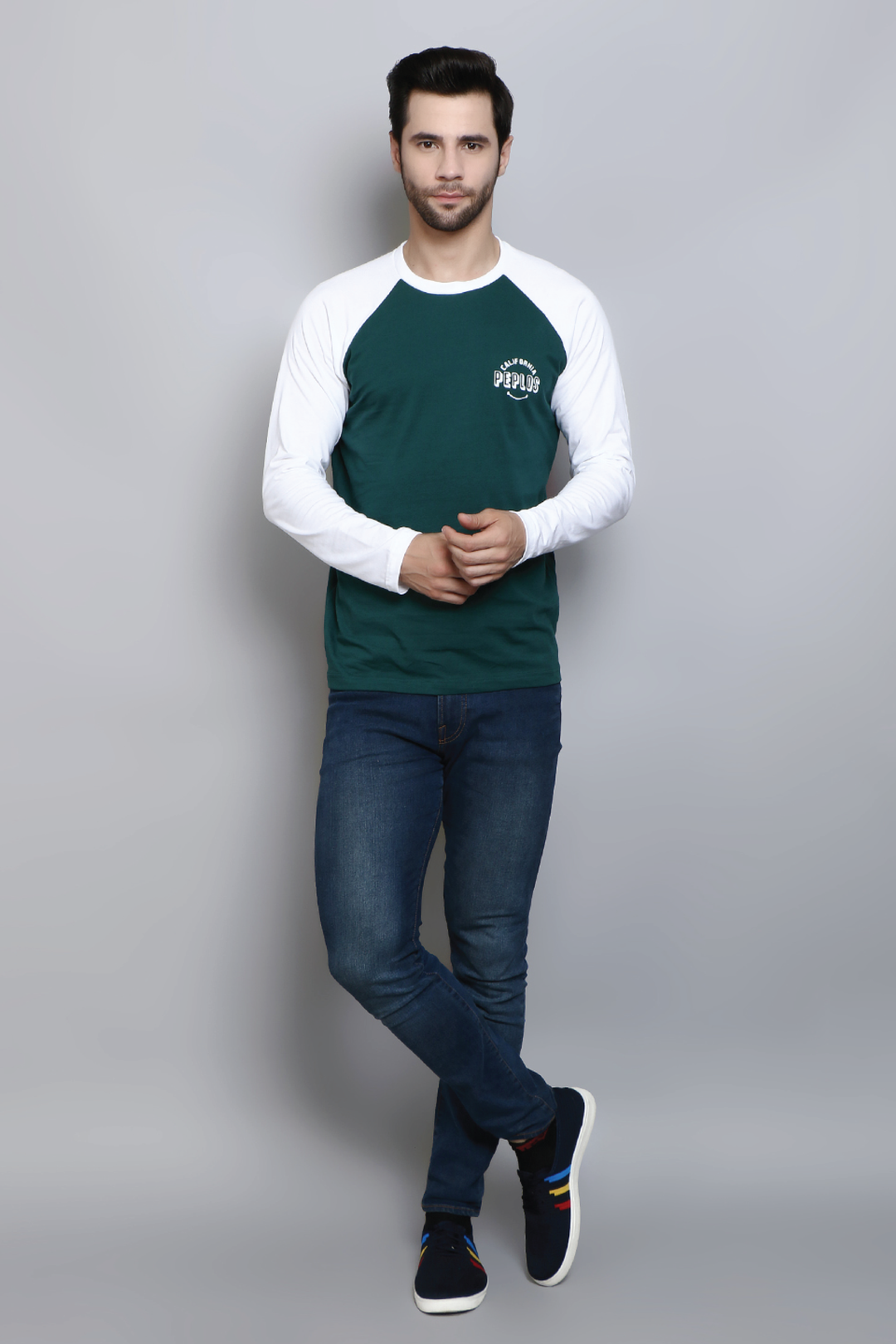 Full Sleeve Regular Fit Raglan Green White T-Shirt for Men - Peplos Jeans 