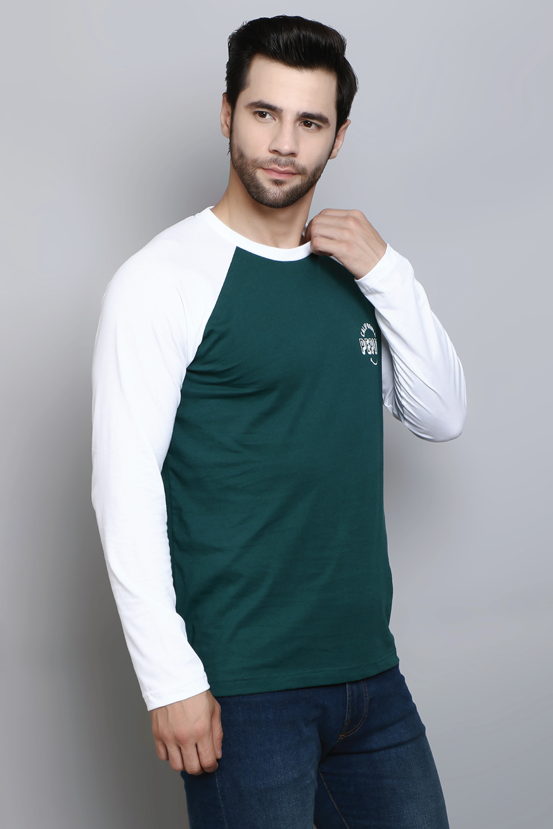 Full Sleeve Regular Fit Raglan Green White T-Shirt for Men - Peplos Jeans 