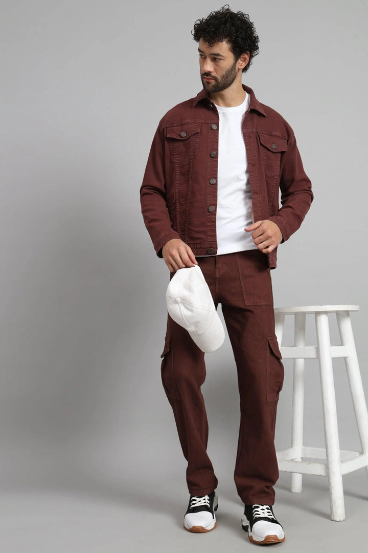 Regular Fit Brown Denim Cargo & Jacket Jeans Set for Men - Peplos Jeans 