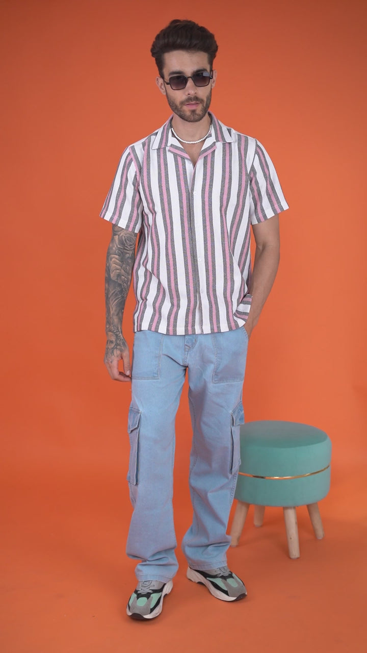 Men's Cuban Collar Shirt - Pink Stripes