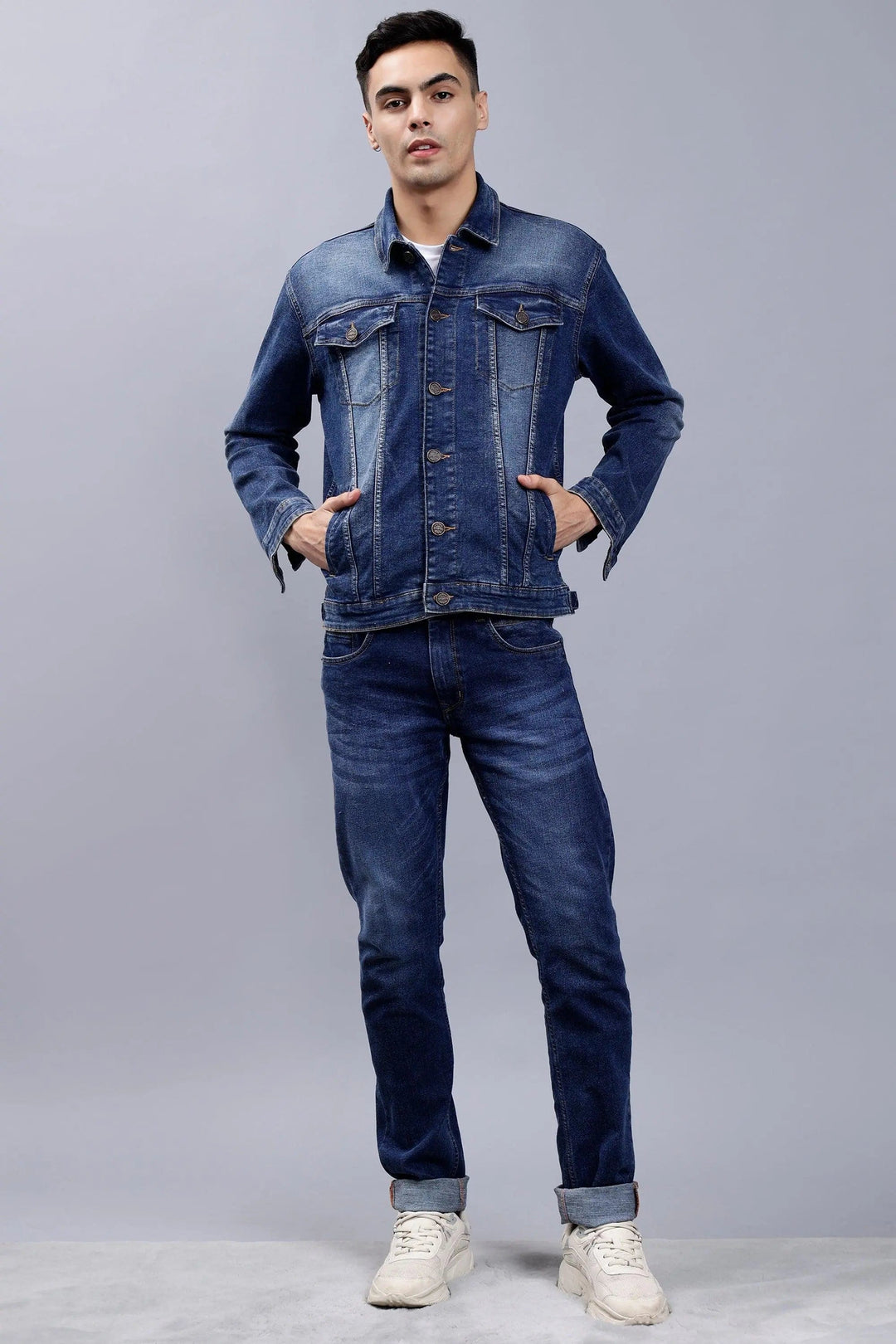 Front view of Regular Fit Blue Denim Jacket & Jeans Co-ord Set for Men with hands in pocket - Peplos Jeans 