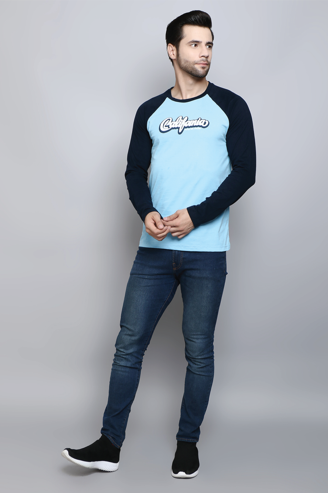 Full Sleeve Regular Fit Raglan Navy T-Shirt for Men - Peplos Jeans 