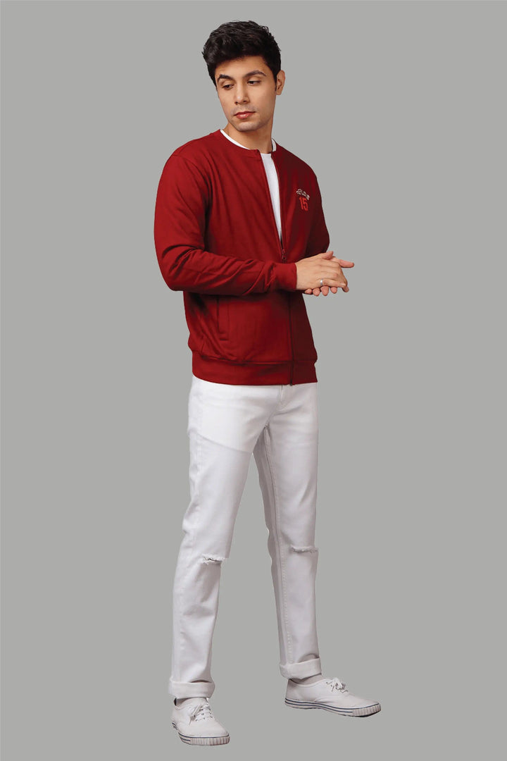 Men's Regular Fit Printed Maroon Sweatshirt with Zipper - Peplos Jeans 