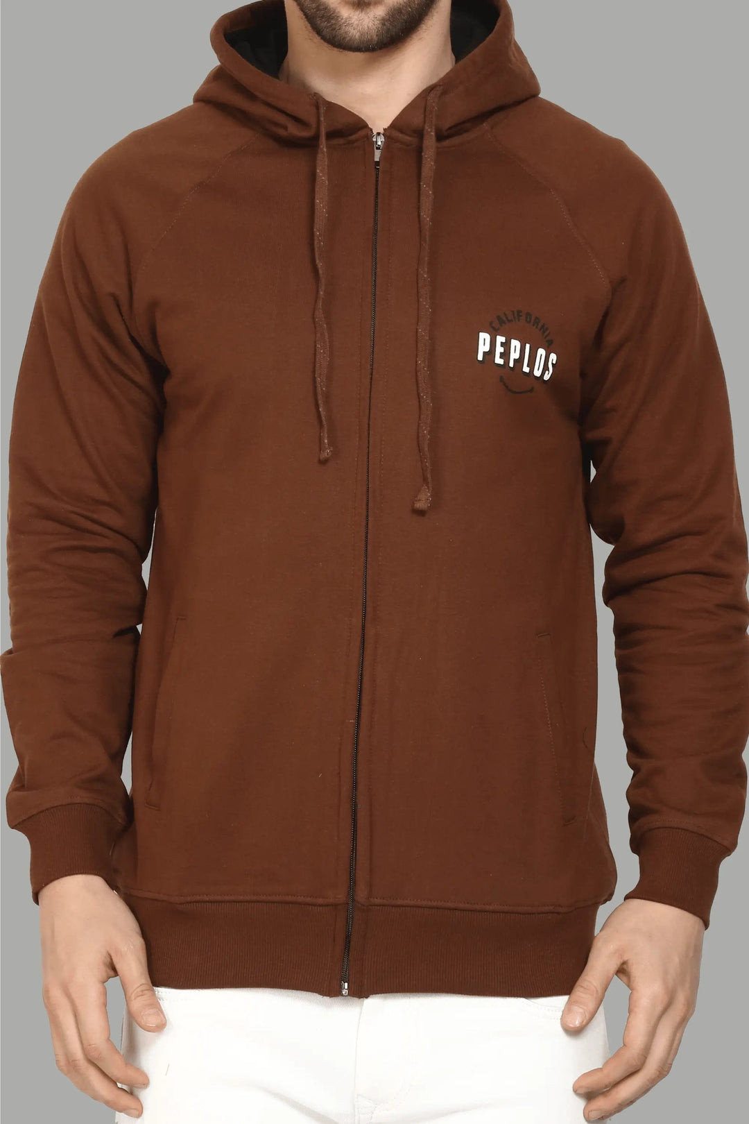 Regular Fit Coffee Color Printed with Zipper Hoodie For Men
