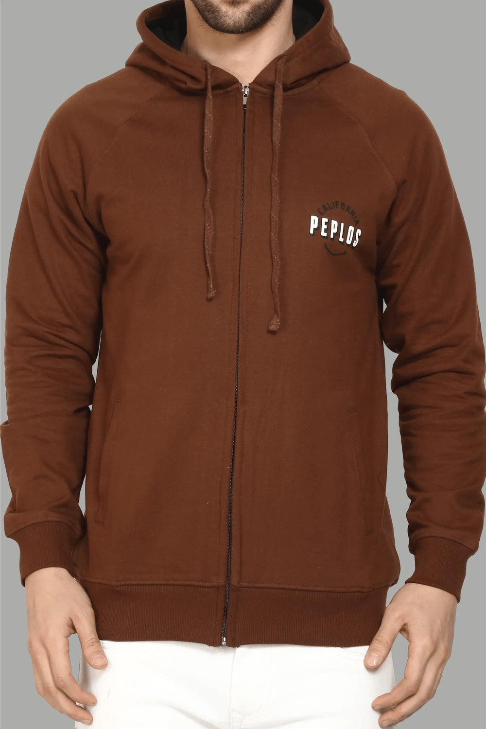 Regular Fit Coffee Color Printed with Zipper Hoodie For Men - Peplos Jeans 