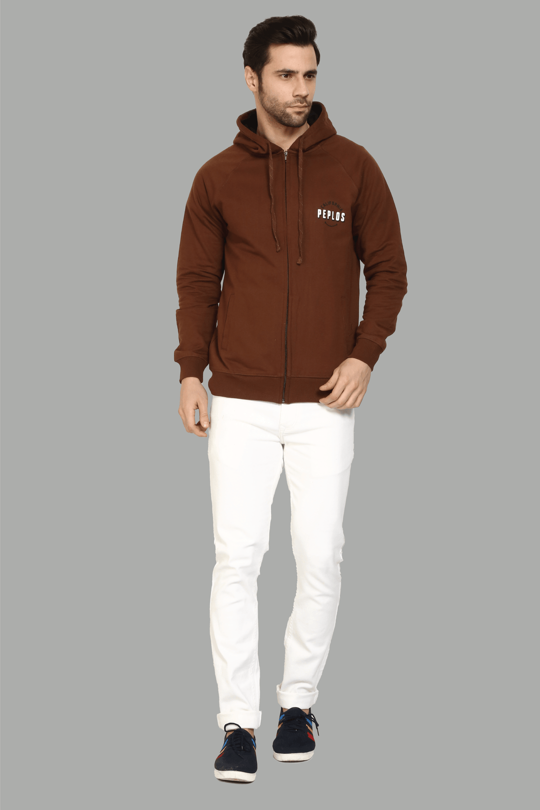 Regular Fit Coffee Color Printed with Zipper Hoodie For Men