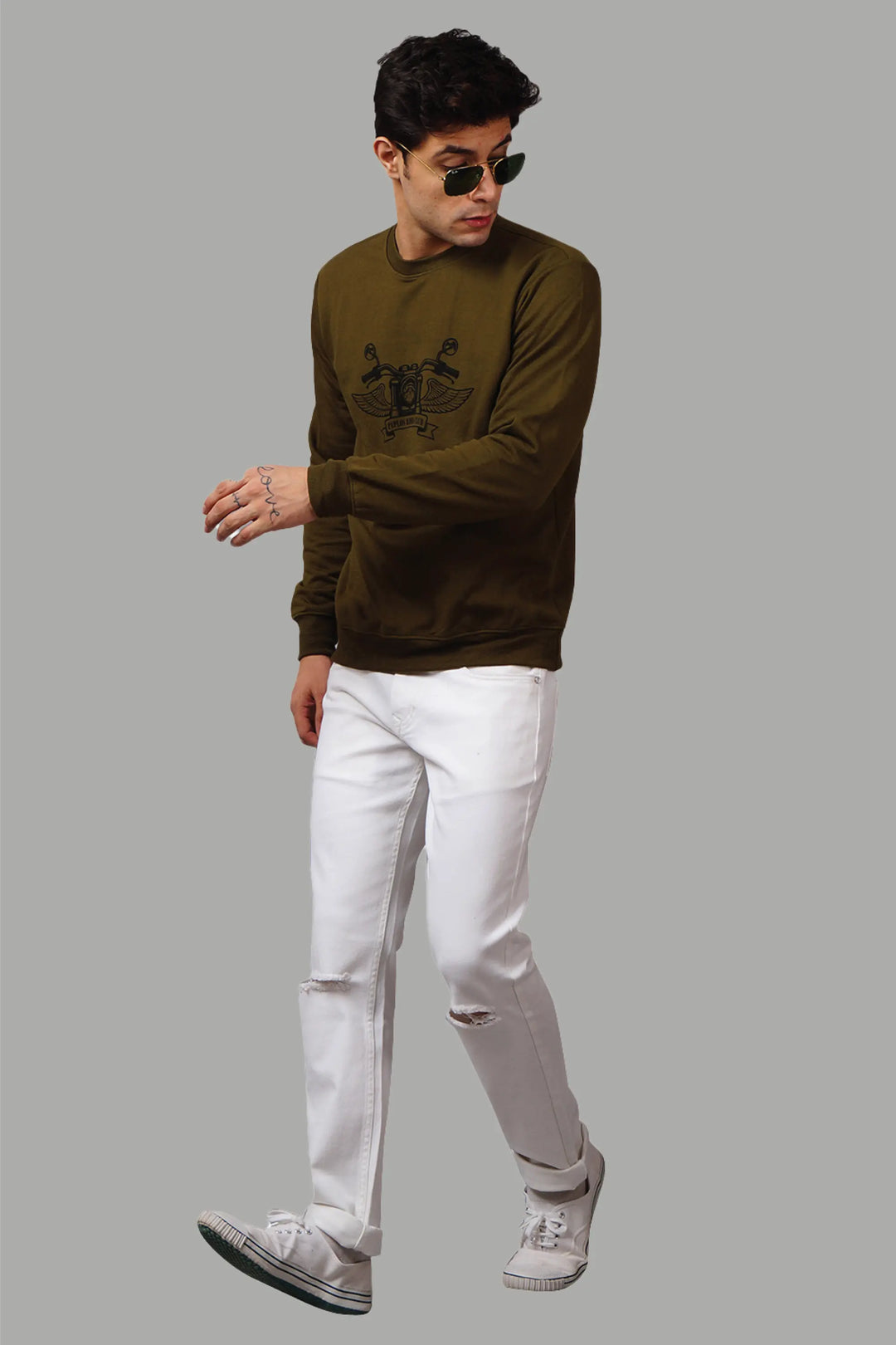 Regular Fit Printed Olive Sweatshirt For Men - Peplos Jeans 