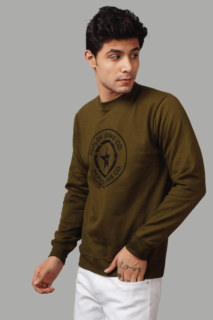 Round Neck Olive Green Full Sleeve Premium Sweatshirt - Peplos Jeans 