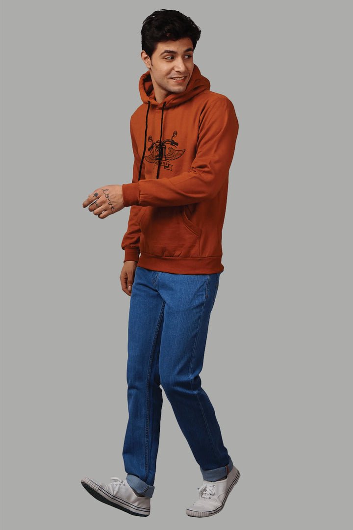 Regular Fit Printed Orange Hoodie For Men - Peplos Jeans 