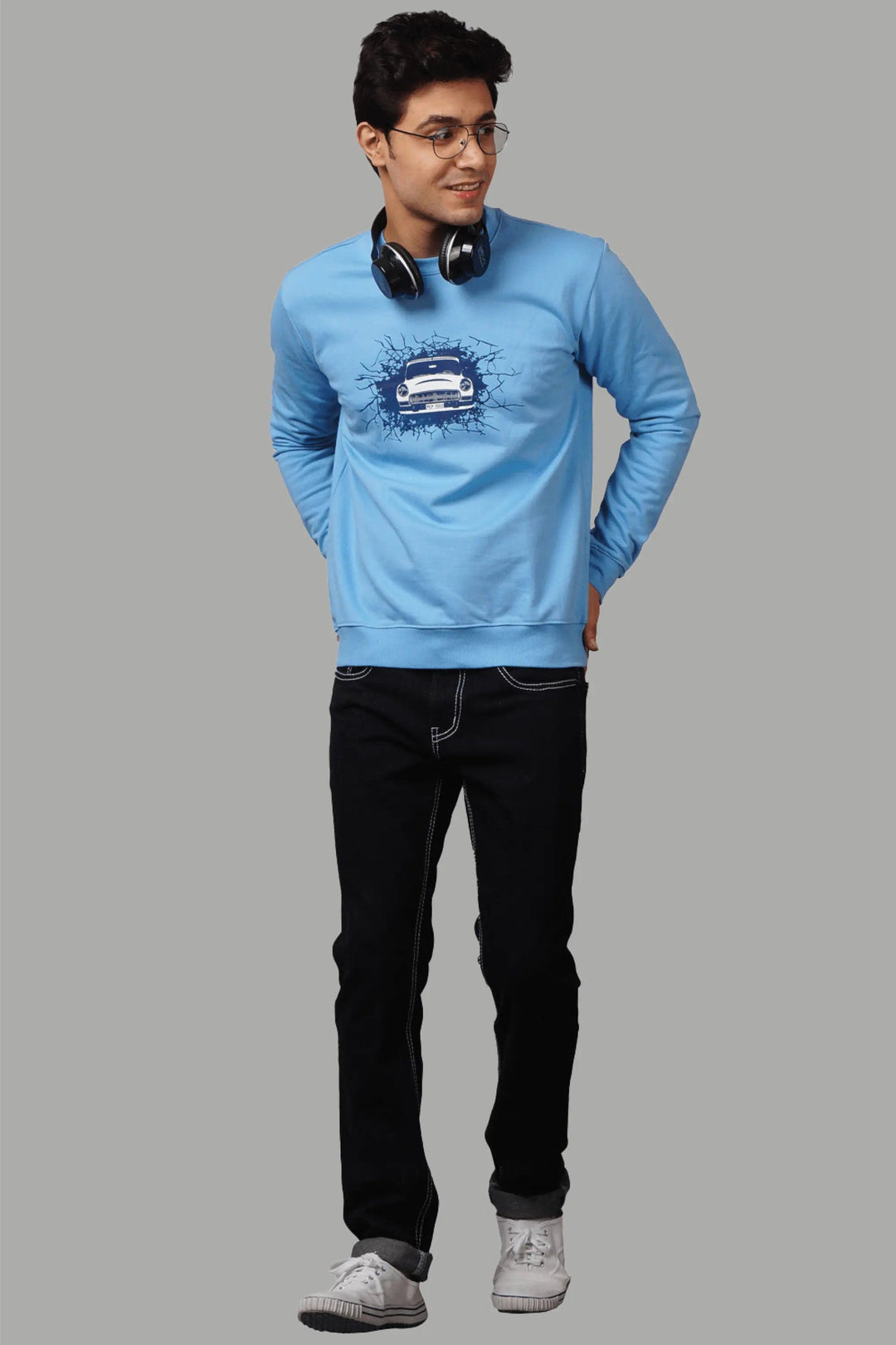 Men's Regular Fit Printed Sky Blue Sweatshirt - Peplos Jeans 