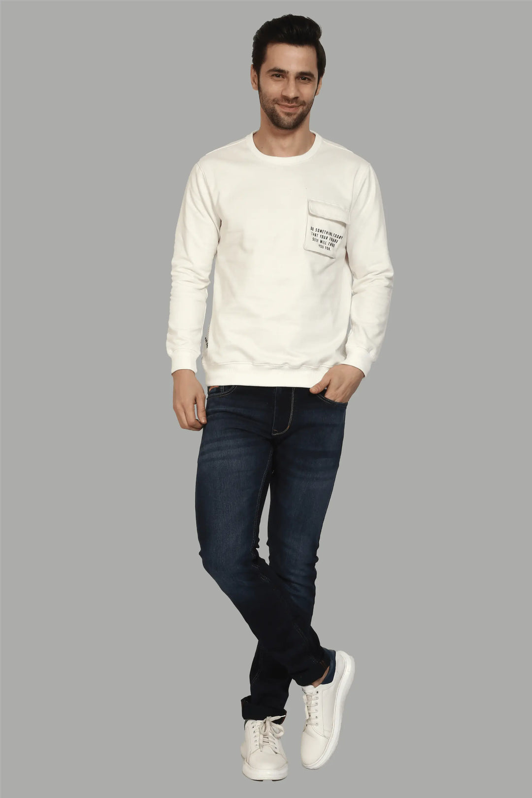 Regular Fit Printed Cream Color Sweatshirt with Pocket For Men - Peplos Jeans 